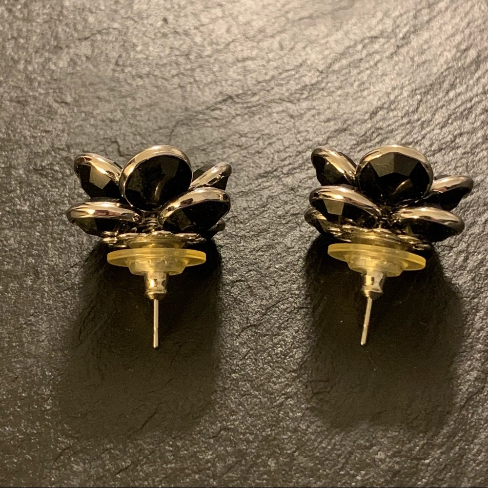 Black Beaded Rose Flower Stud Earrings with Silver Tone Trim - Picture 5 of 9